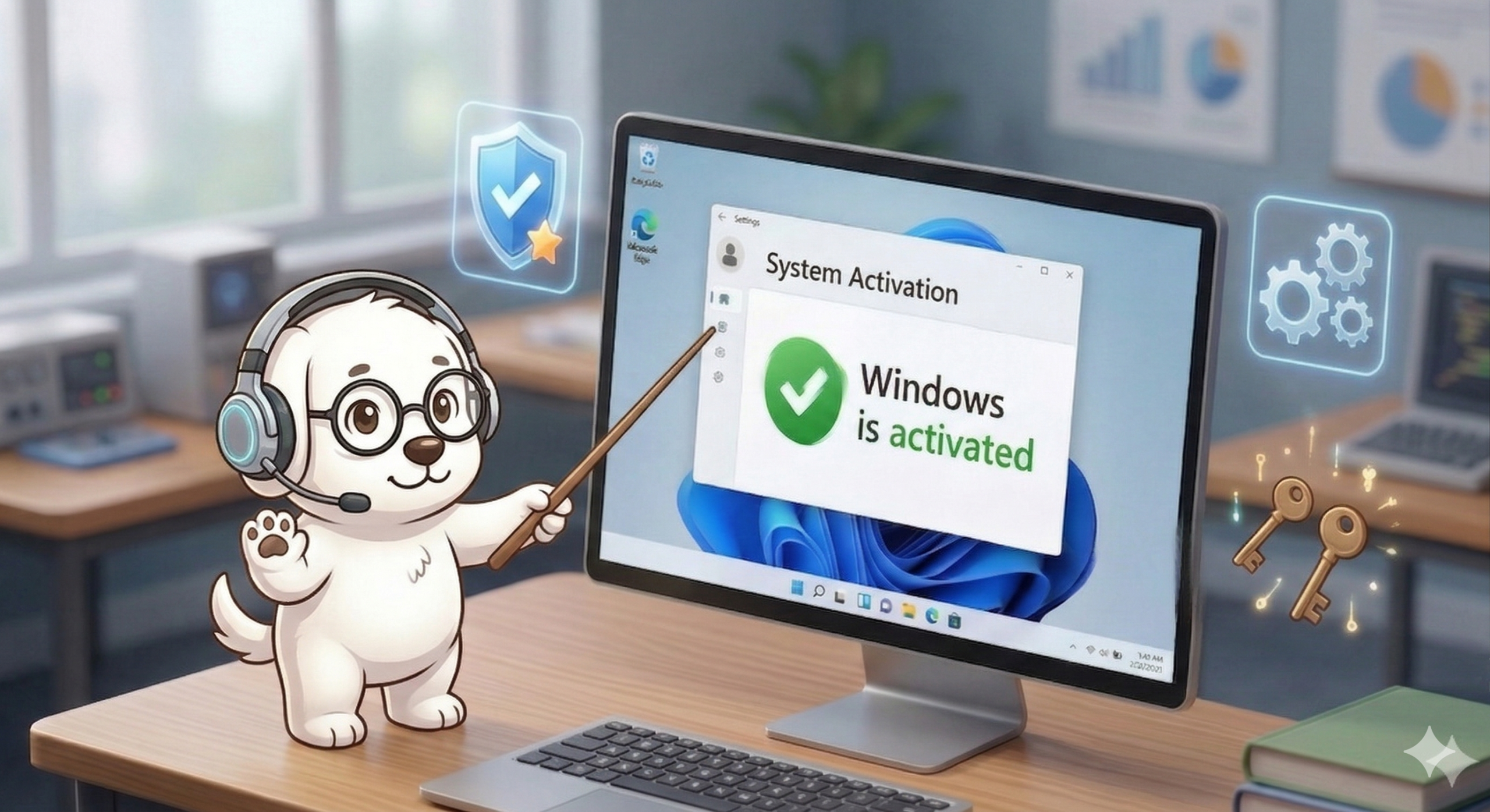 윈도우 11 설정 창에서 정품 인증이 완료된 상태를 확인하는 법을 설명하는 귀여운 강아지 이미지